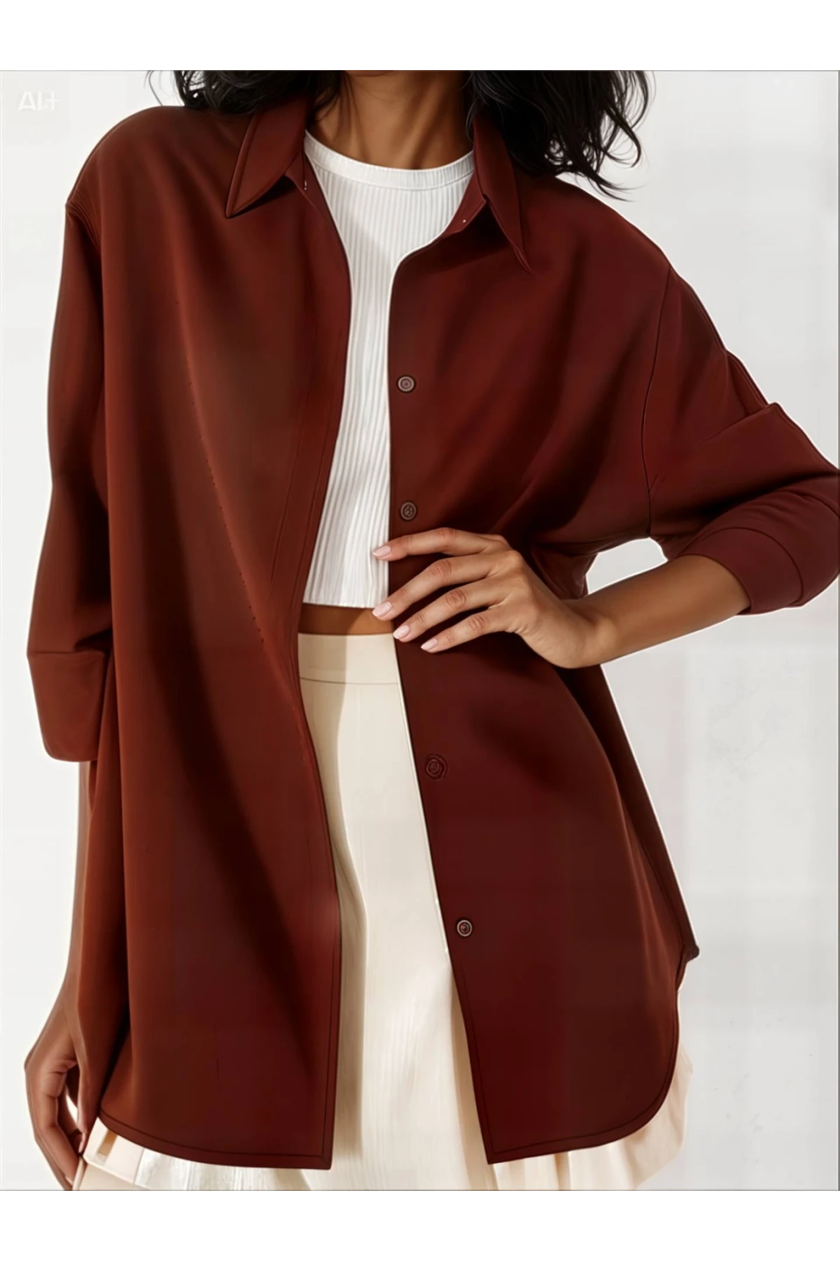 Kadın Kahverengi Oversize Uzun Basic Gömlek Hzl22w-bd139001