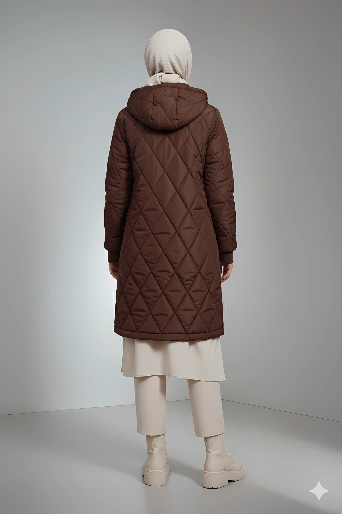 Kadın Kahverengi Uzun Kapitone Astarlı Şişme Tesettür Mont HZL25W-BD151381