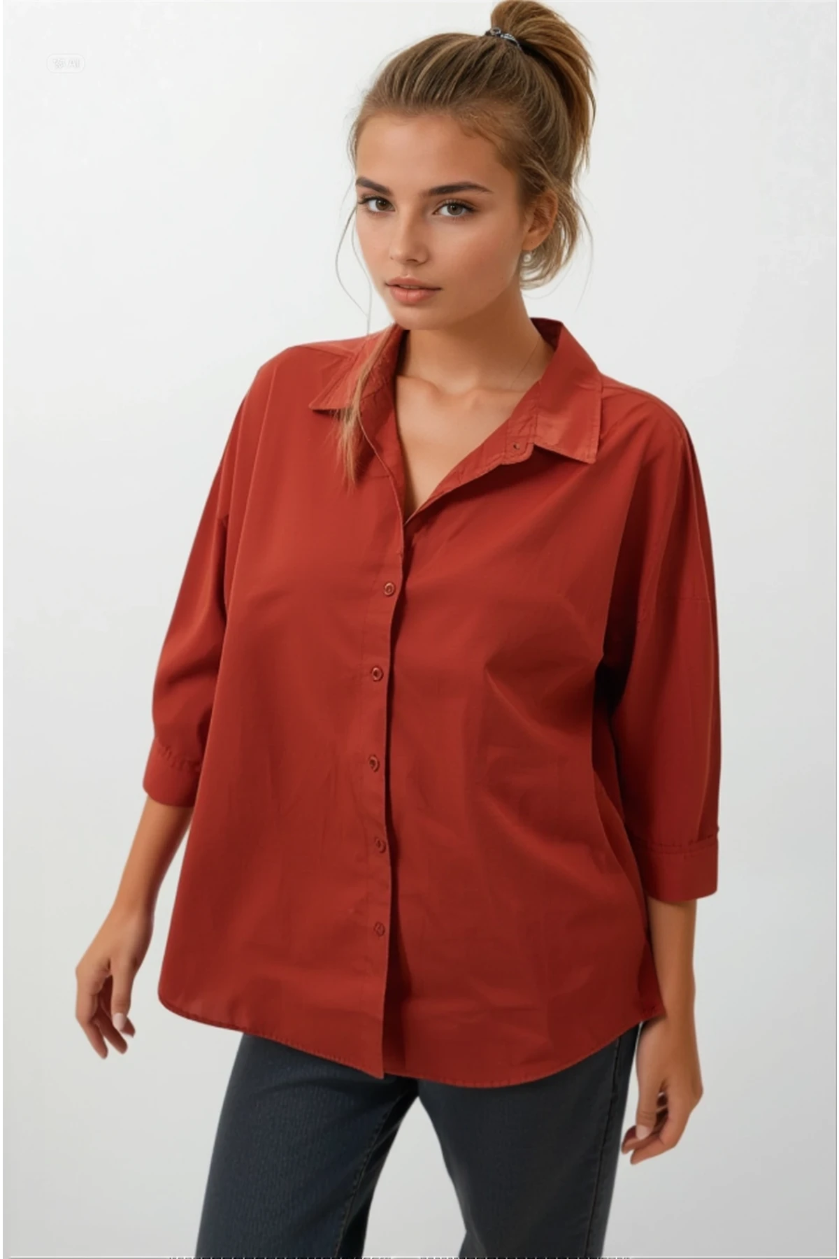 Kadın Kiremit Oversize Uzun Basic Gömlek HZL22W-BD139001