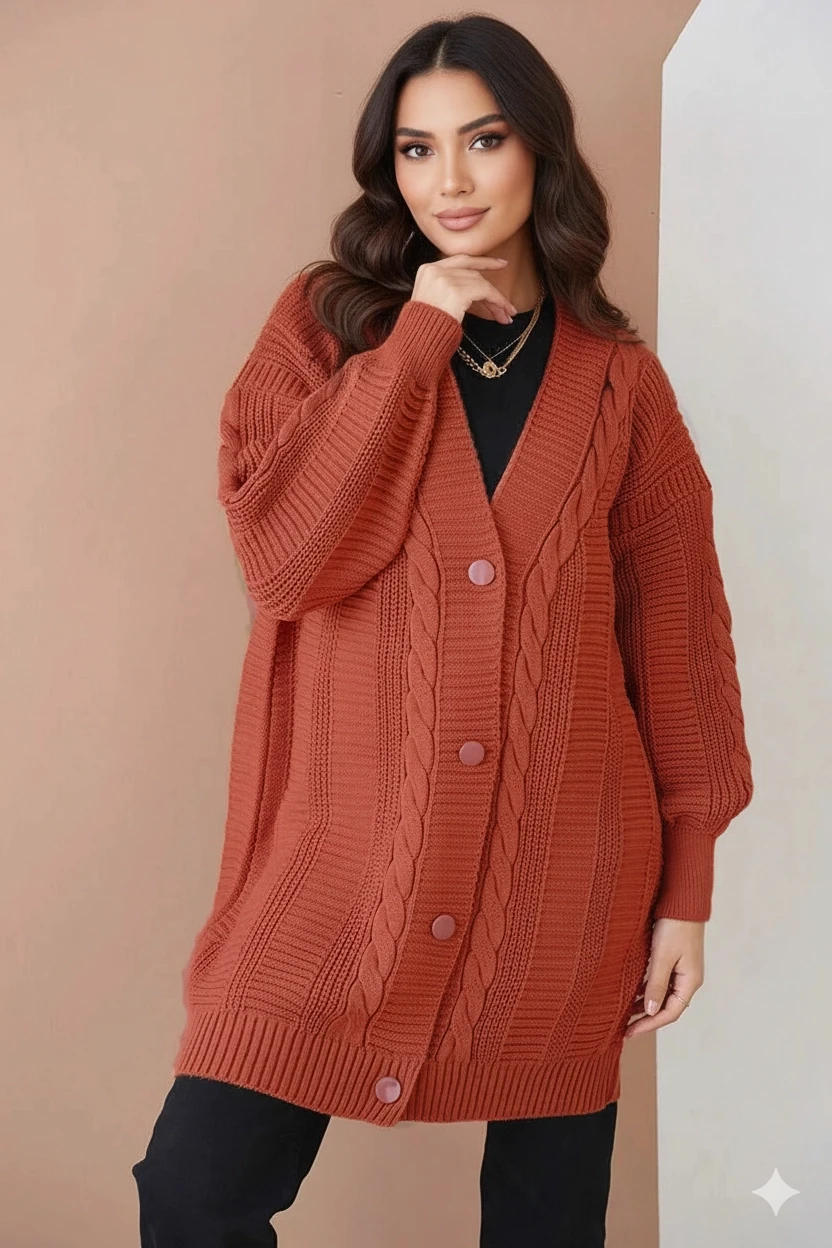 Kadın  Kiremit Saç Örgü Desen Uzun Düğmeli Rahat Kesim Triko Hırka HZL23W-BD1100691