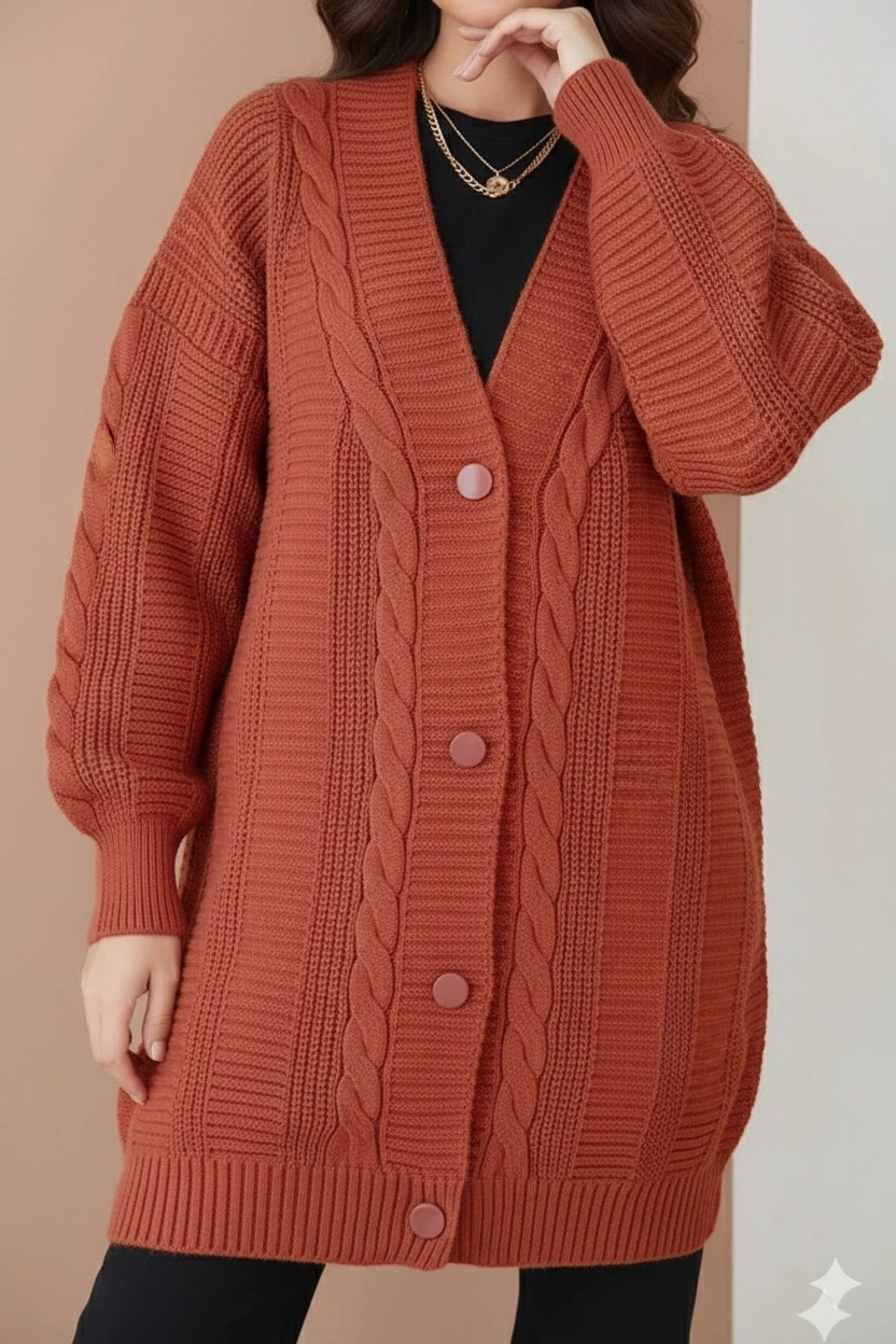 Kadın  Kiremit Saç Örgü Desen Uzun Düğmeli Rahat Kesim Triko Hırka HZL23W-BD1100691