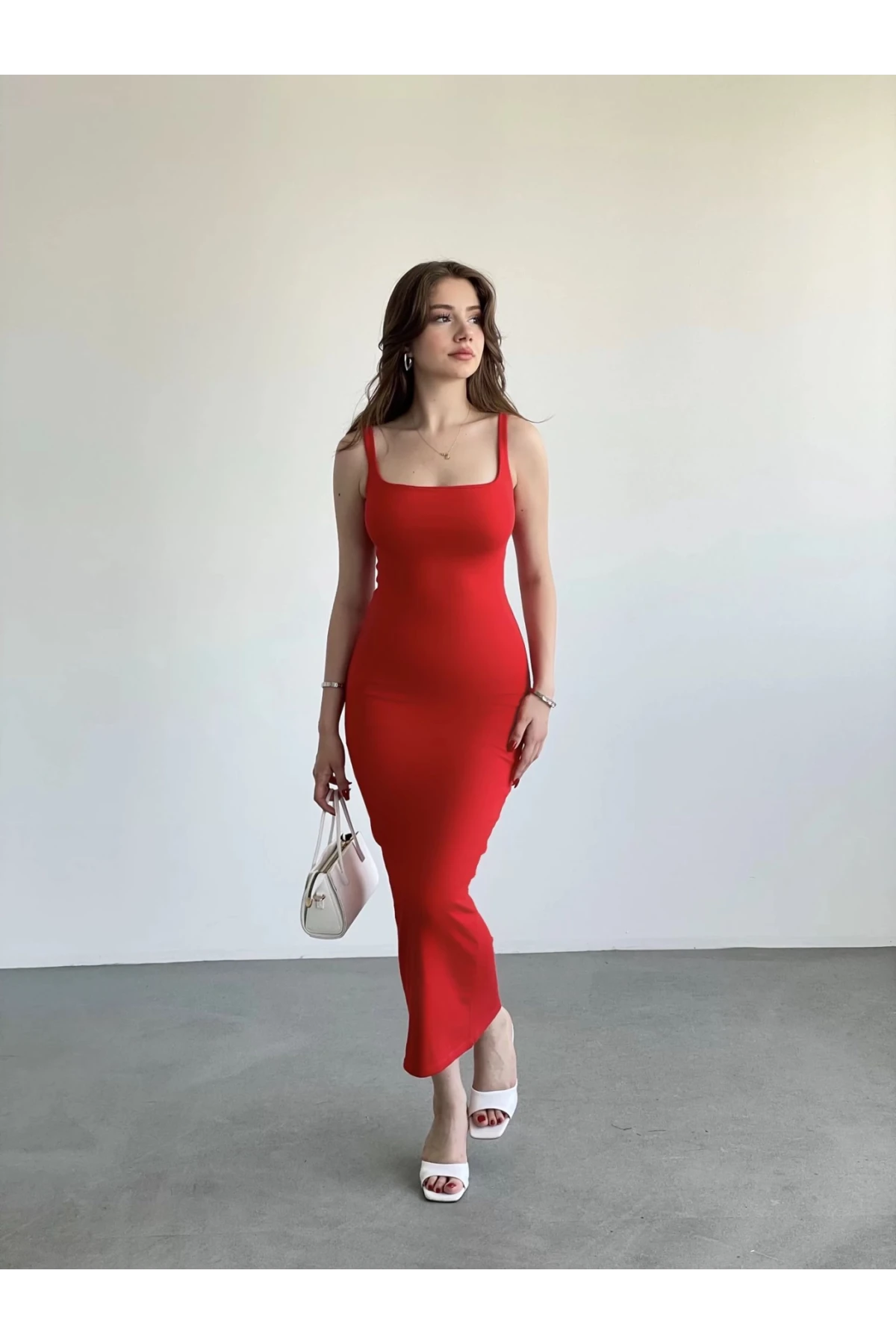 Kadın Kırmızı Askılı Kare Yaka Midi Elbise HZL25S-ZK11621