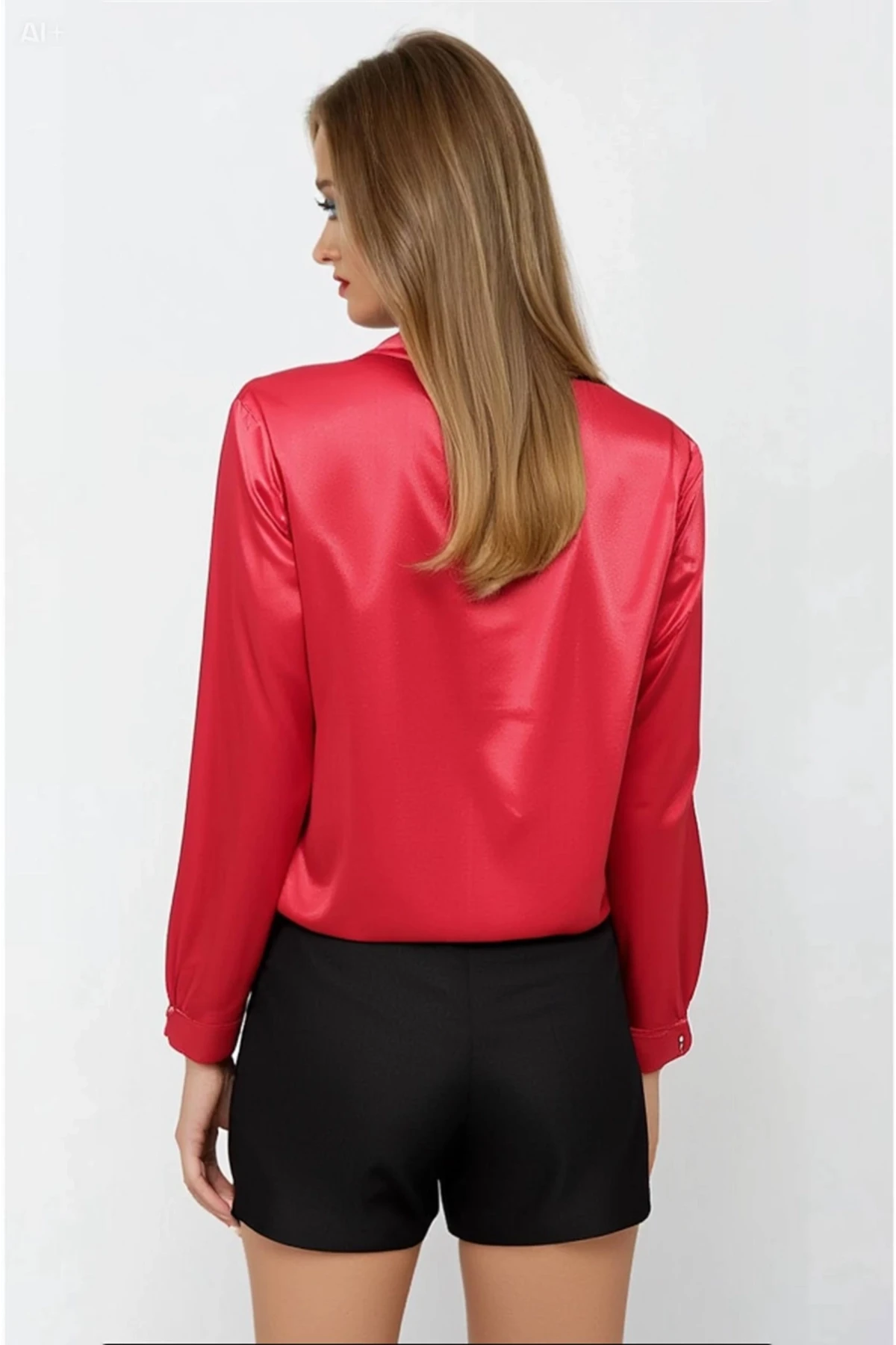 Kadın Kırmızı Hafif Dökümlü Saten Yüzeyli Gömlek HZL22W-BD139641