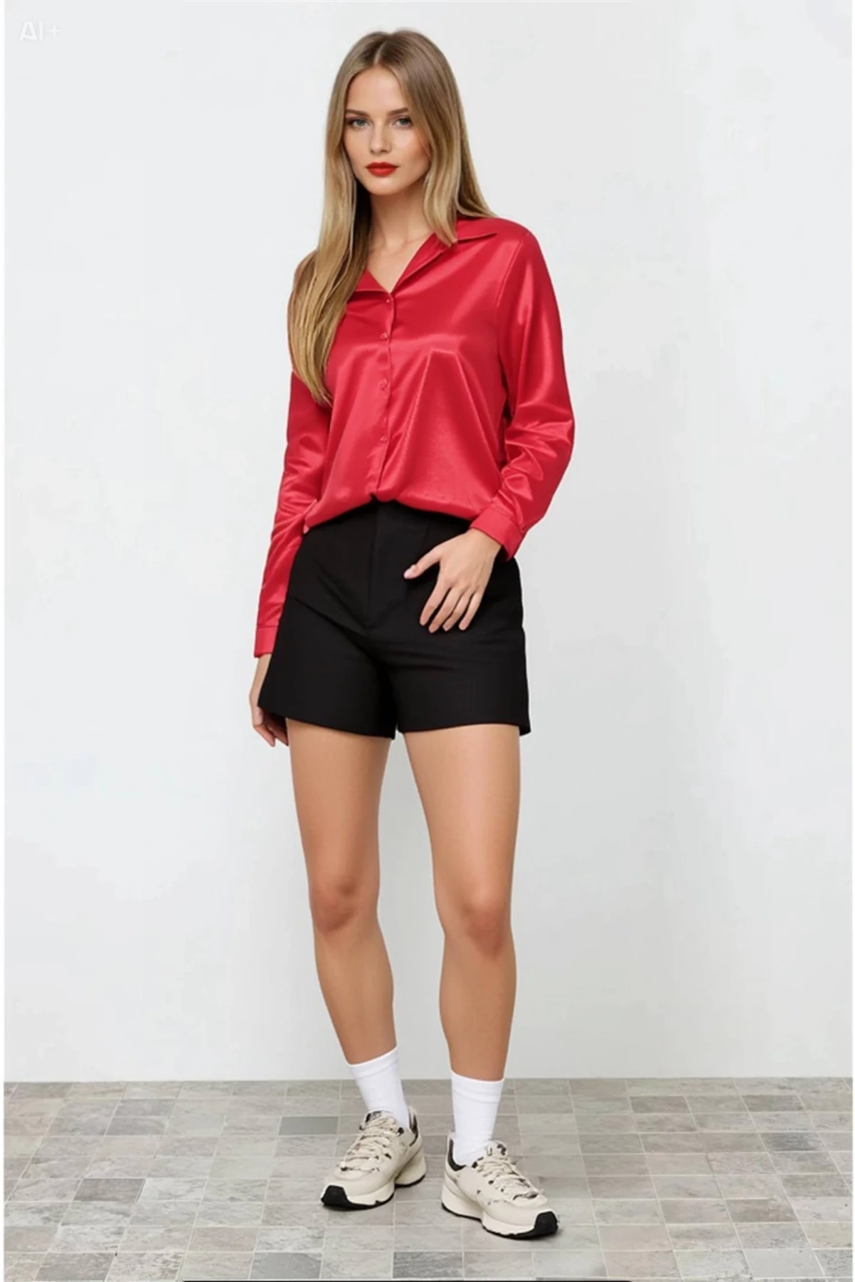 Kadın Kırmızı Hafif Dökümlü Saten Yüzeyli Gömlek HZL22W-BD139641