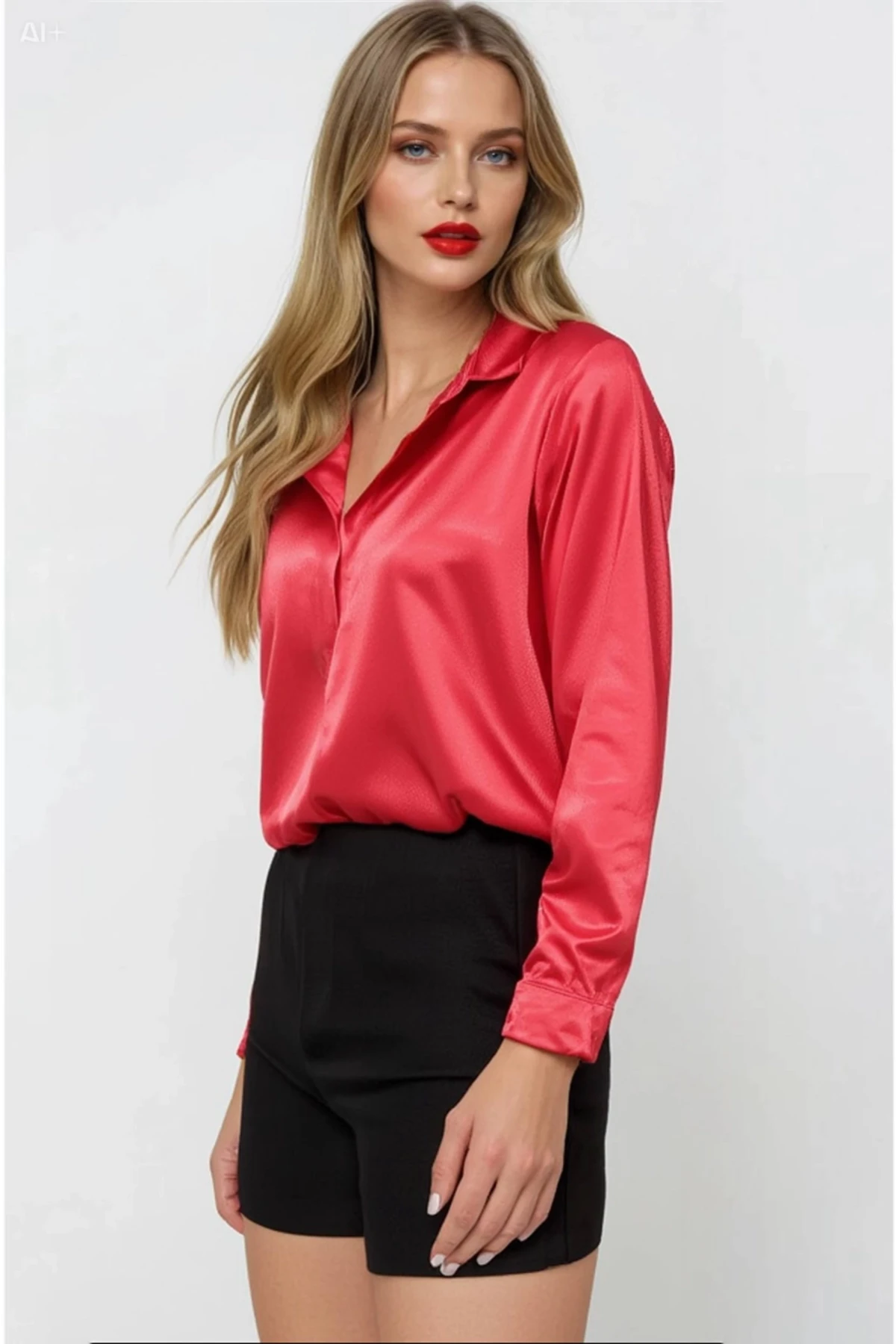 Kadın Kırmızı Hafif Dökümlü Saten Yüzeyli Gömlek HZL22W-BD139641