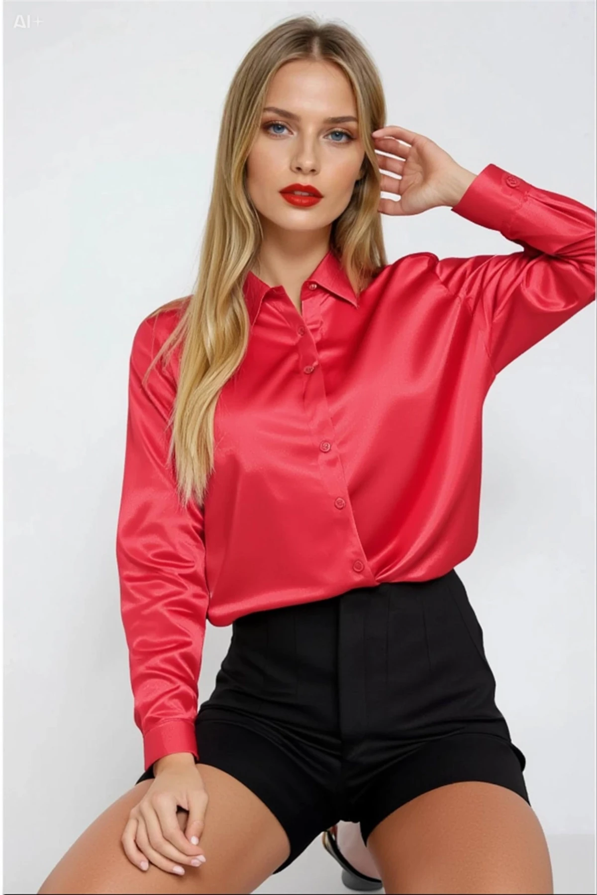 Kadın Kırmızı Hafif Dökümlü Saten Yüzeyli Gömlek HZL22W-BD139641