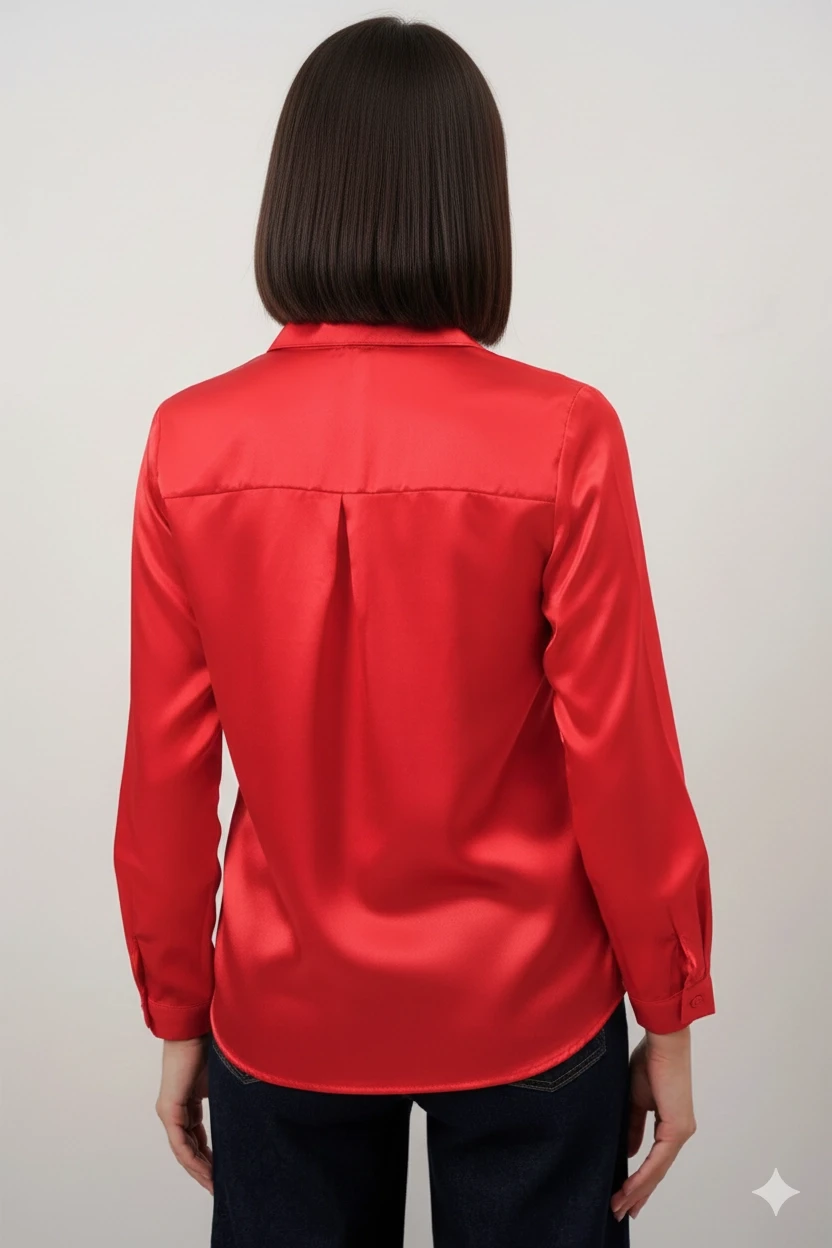 Kadın Kırmızı Hafif Dökümlü Saten Yüzeyli Gömlek HZL22W-BD139641