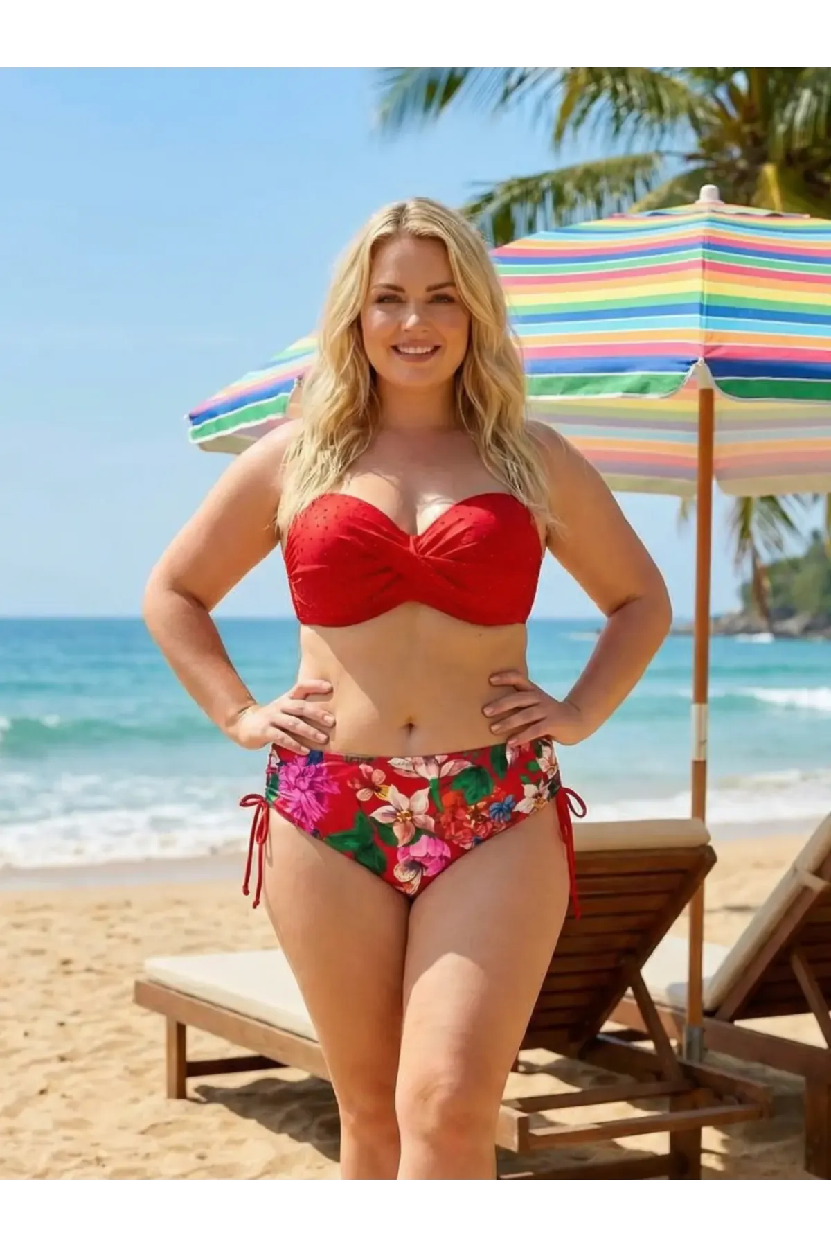 Kadın Kırmızı Taş İşlemeli Çiçek Desenli Büyük Beden Bikini Takım HZL25S-LC3368