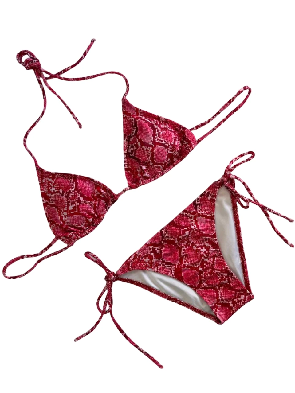 Kadın Kırmızı Yılan Derisi Desen Boyundan İp Bağlamalı Üçgen Bikini Takımı HZL25S-LC5005