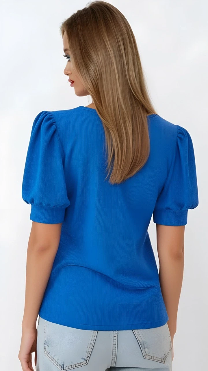 Kadın Kobalt Mavi Kare Yaka Örme Bluz HZL22W-BD104091