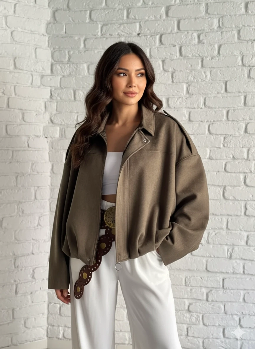 Kadın Koyu Bej Oversize Fermuar ve Çıt Çıt Kapamalı Cepsiz Süet Deri Ceket HZL25W-BD107301