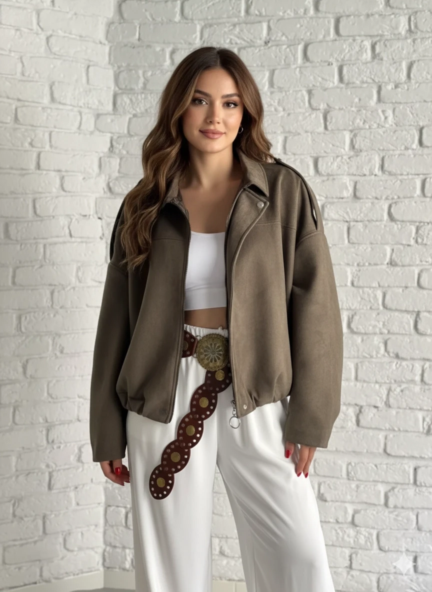 Kadın Koyu Bej Oversize Fermuar ve Çıt Çıt Kapamalı Cepsiz Süet Deri Ceket HZL25W-BD107301