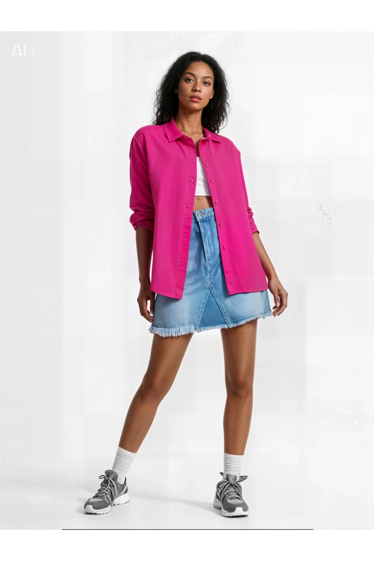 Kadın Koyu Pembe Oversize Uzun Basic Gömlek HZL22W-BD139001