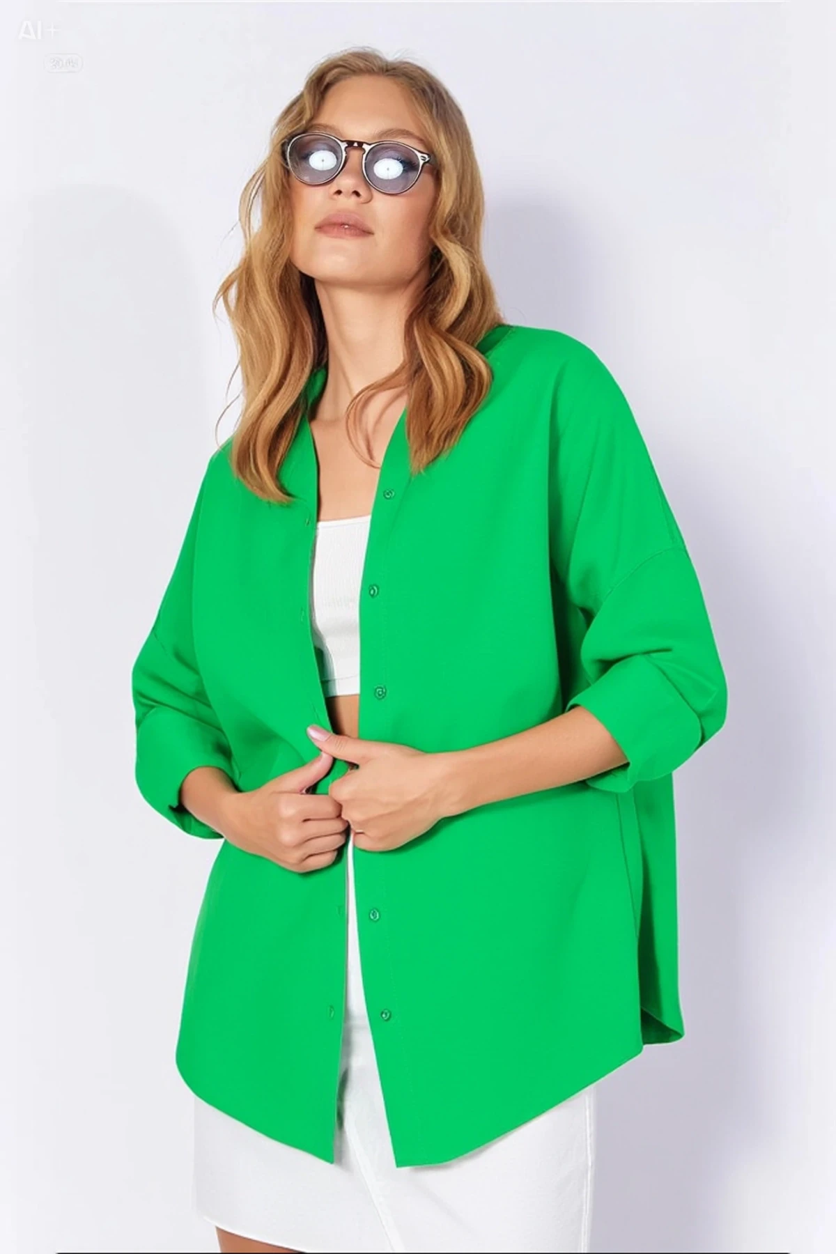 Kadın Koyu Yeşil Oversize Uzun Basic Gömlek  HZL22W-BD139001