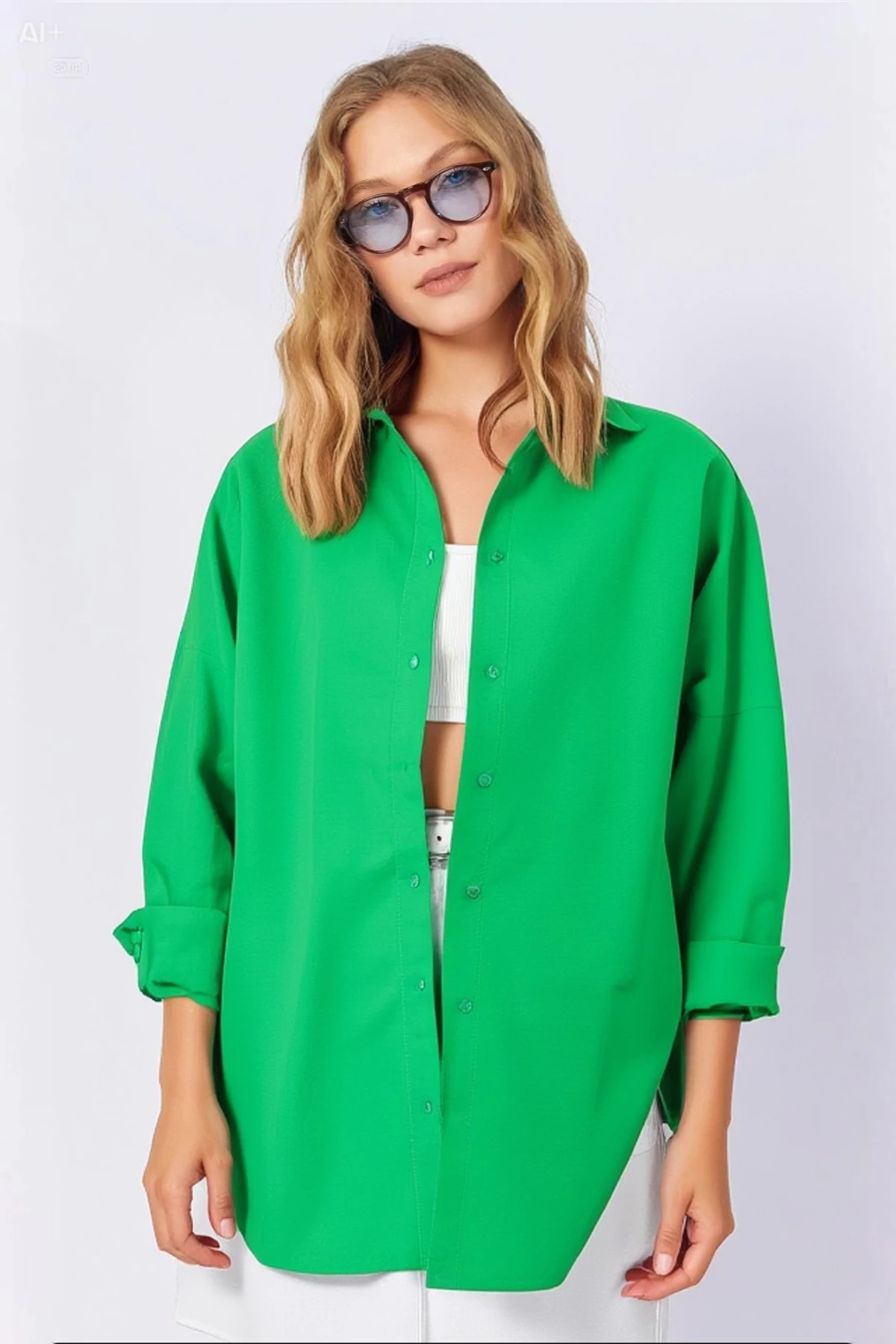 Kadın Koyu Yeşil Oversize Uzun Basic Gömlek  HZL22W-BD139001