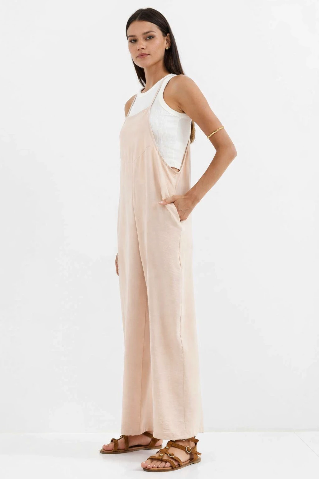 Kadın Krem Ayarlanabilir Askılı Cepli Bol Paça Bahçıvan Tulum HZL22S-BD170191