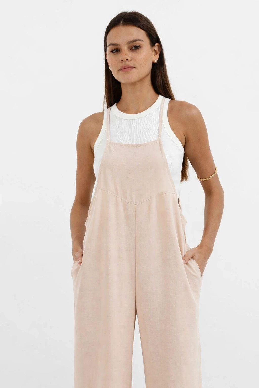 Kadın Krem Ayarlanabilir Askılı Cepli Bol Paça Bahçıvan Tulum HZL22S-BD170191