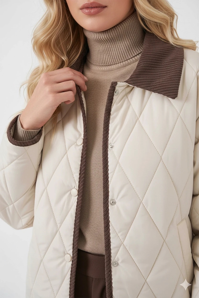 Kadın Krem Çıt Çıt Kapamalı Kadife Detaylı Kapitone Mont HZL25W-BD152261