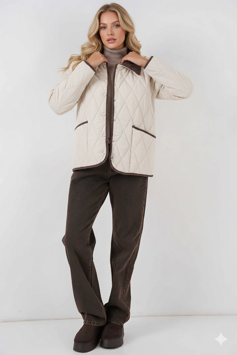 Kadın Krem Çıt Çıt Kapamalı Kadife Detaylı Kapitone Mont HZL25W-BD152261