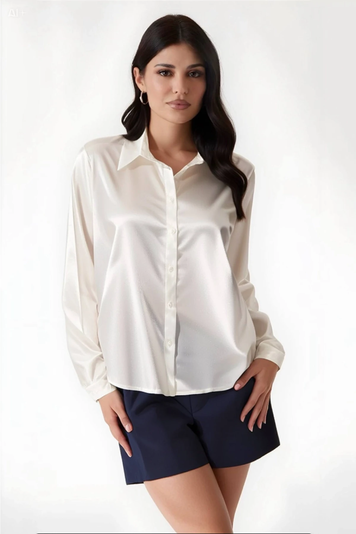 Kadın Krem Hafif Dökümlü Saten Yüzeyli Gömlek Hzl22w-bd139641