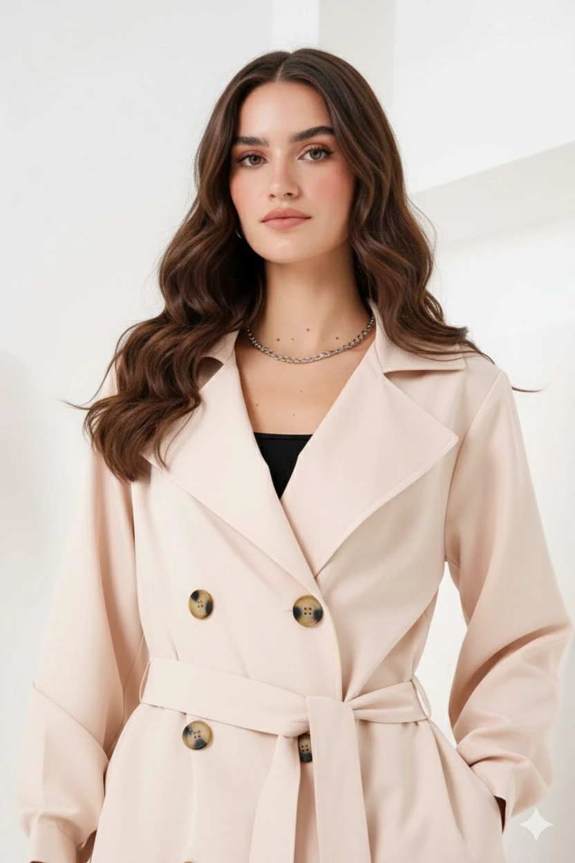 Kadın Krem Kruvaze Yaka Kemerli Astarsız Mevsimlik Rahat Trençkot Hzl22s-bd158531