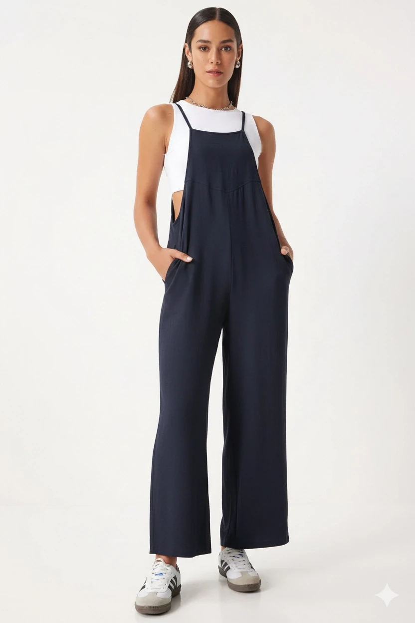 Kadın Lacivert Ayarlanabilir Askılı Cepli Bol Paça Bahçıvan Tulum HZL22S-BD170191