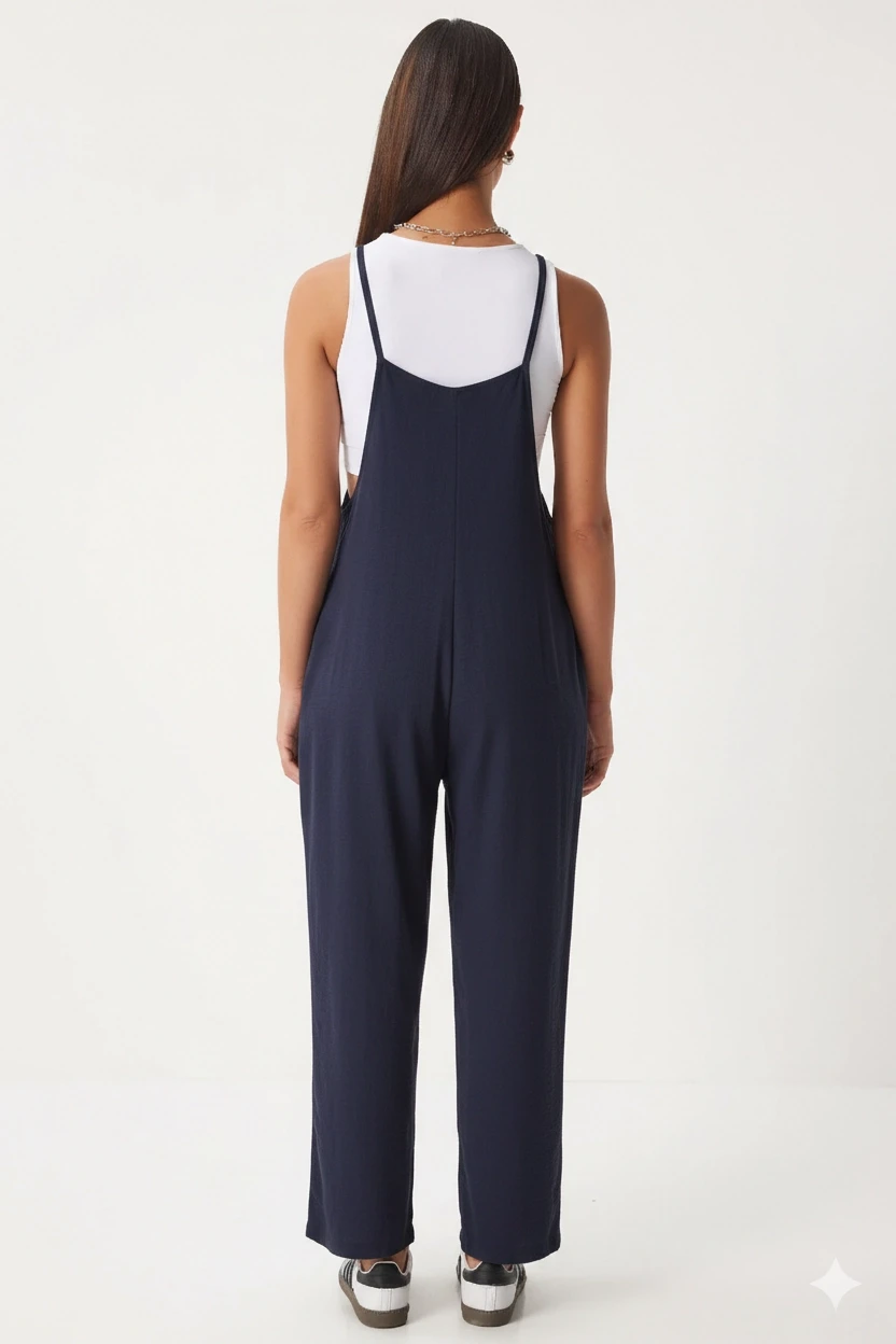 Kadın Lacivert Ayarlanabilir Askılı Cepli Bol Paça Bahçıvan Tulum HZL22S-BD170191