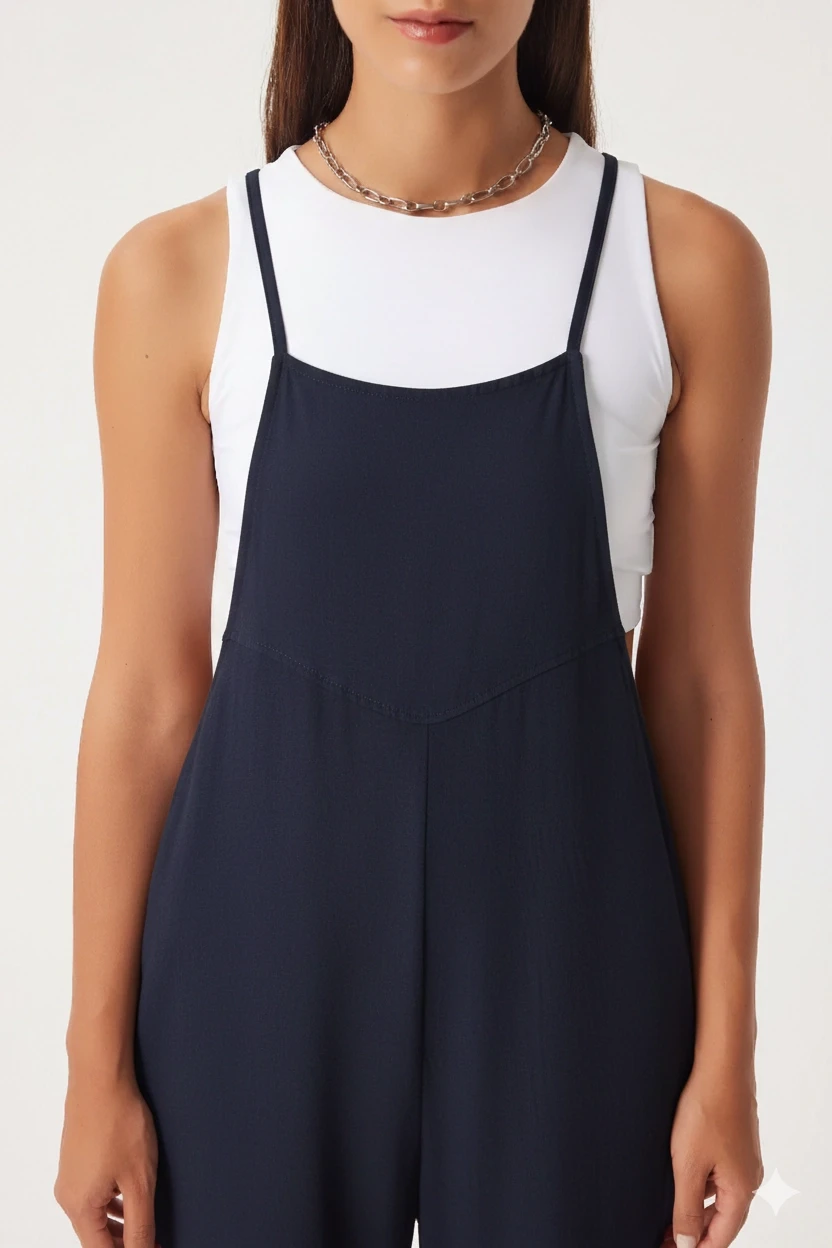 Kadın Lacivert Ayarlanabilir Askılı Cepli Bol Paça Bahçıvan Tulum HZL22S-BD170191