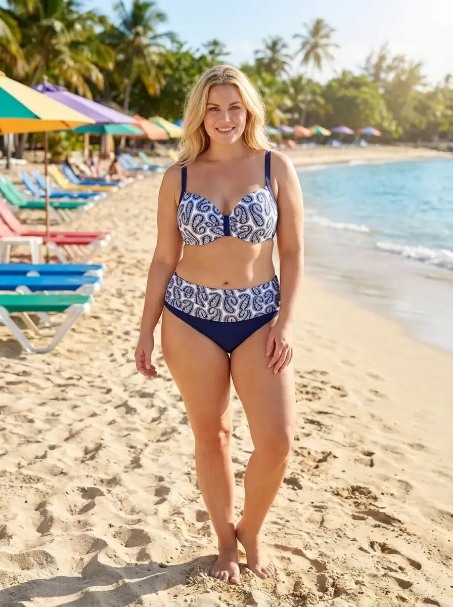 Kadın Lacivert Beyaz Etnik Desen Büyük Beden Bikini Takımı HZL25S-LC213