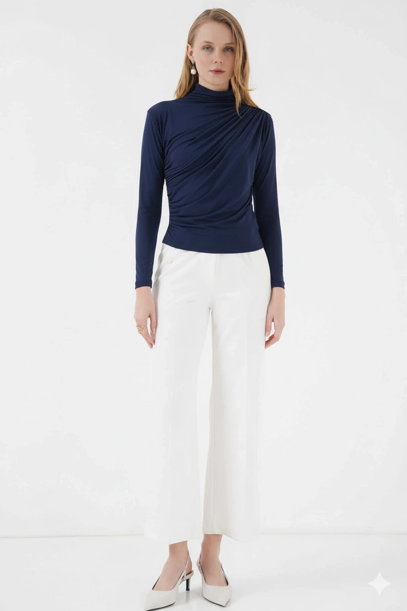 Kadın Lacivert Büzgü Detay Balıkçı Yaka Sandy Bluz HZL25W-BD19251