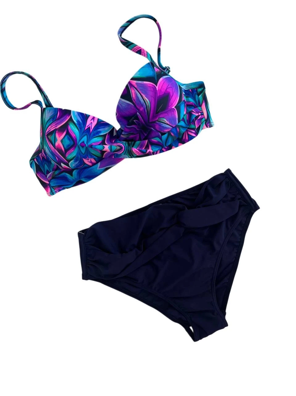 Kadın Lacivert Fuşya Çiçek Desenli Astarlı Büyük Beden Bikini Takımı HZL25S-LC24108