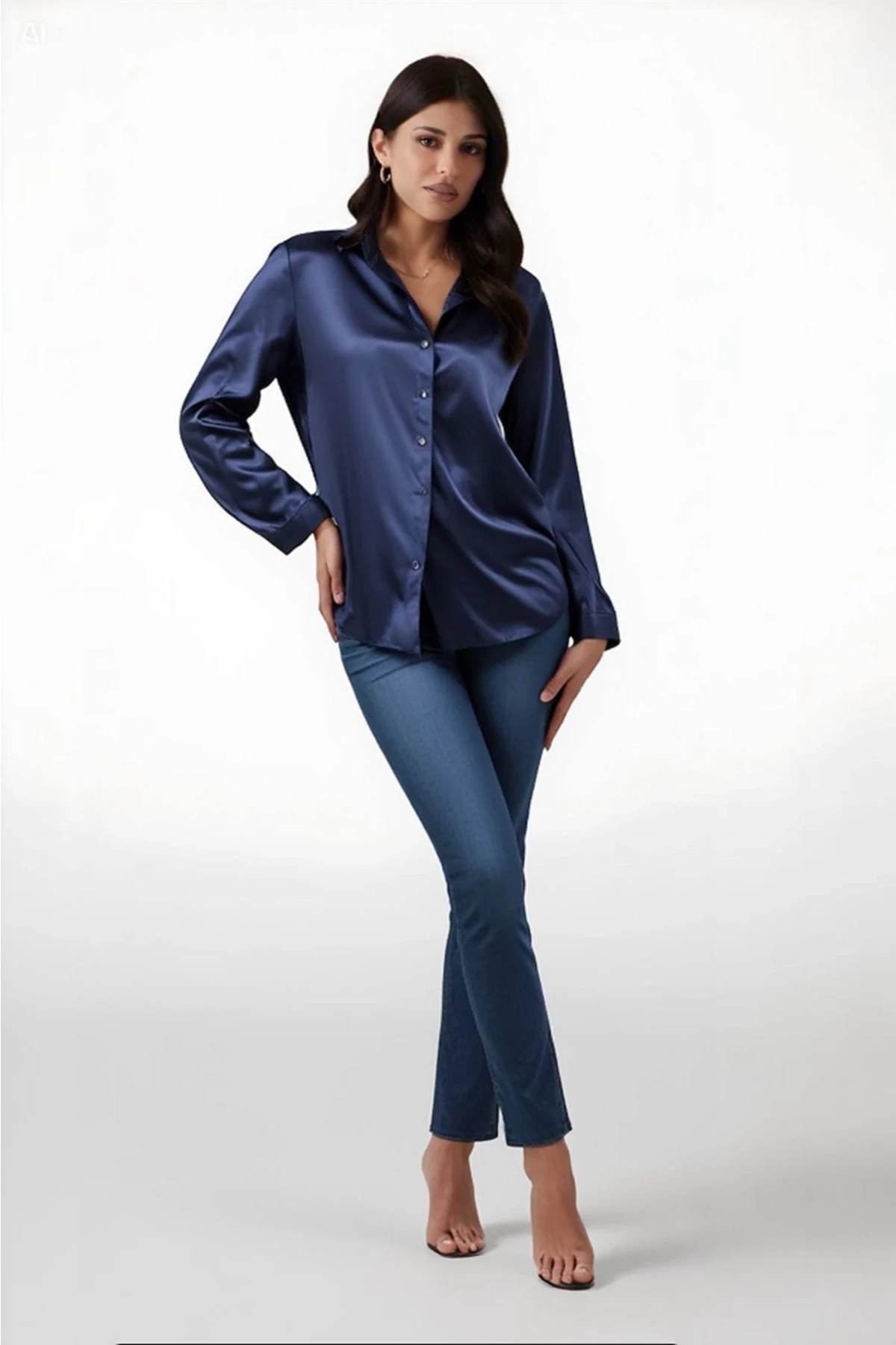 Kadın Lacivert Hafif Dökümlü Saten Yüzeyli Gömlek HZL22W-BD139641