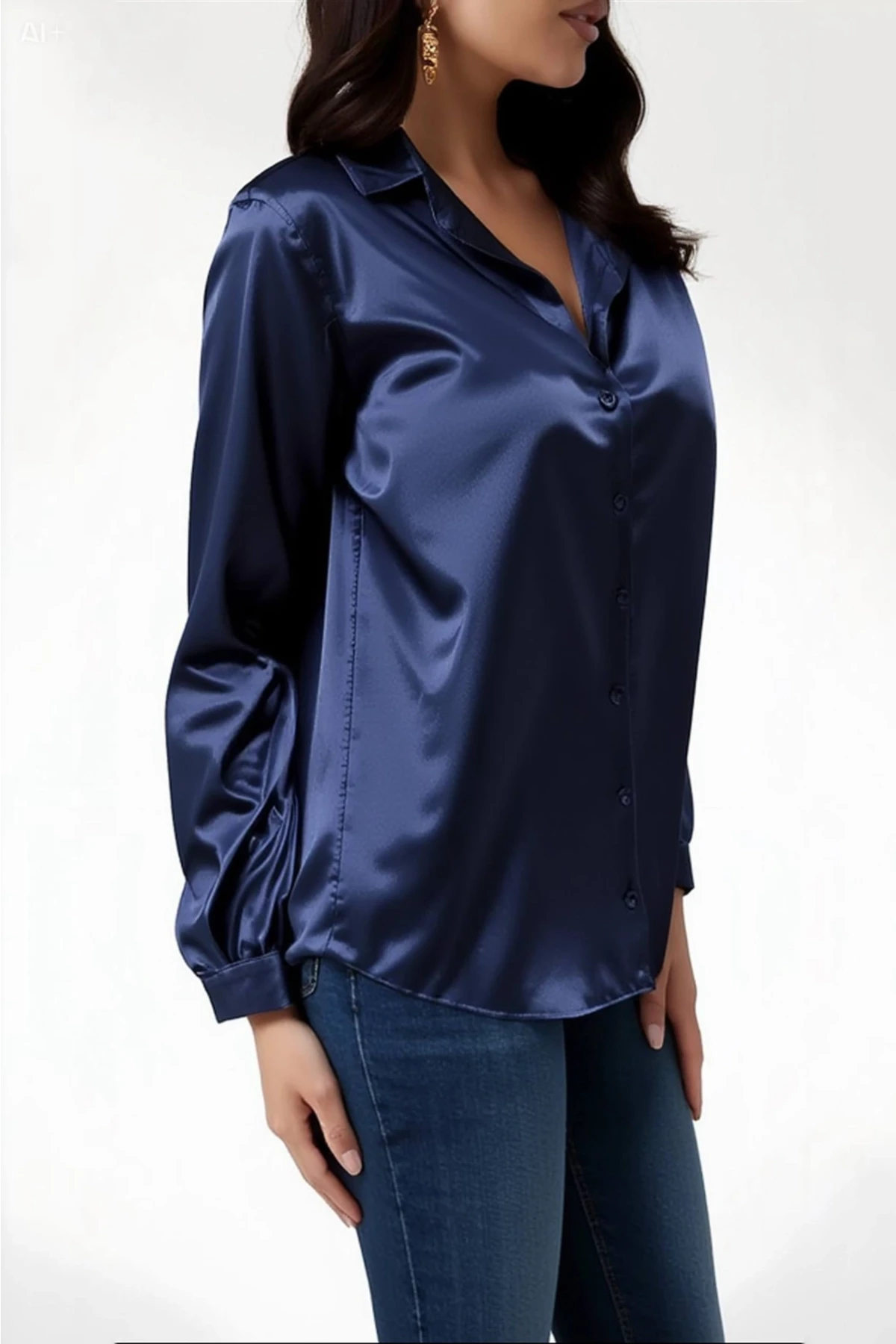 Kadın Lacivert Hafif Dökümlü Saten Yüzeyli Gömlek HZL22W-BD139641