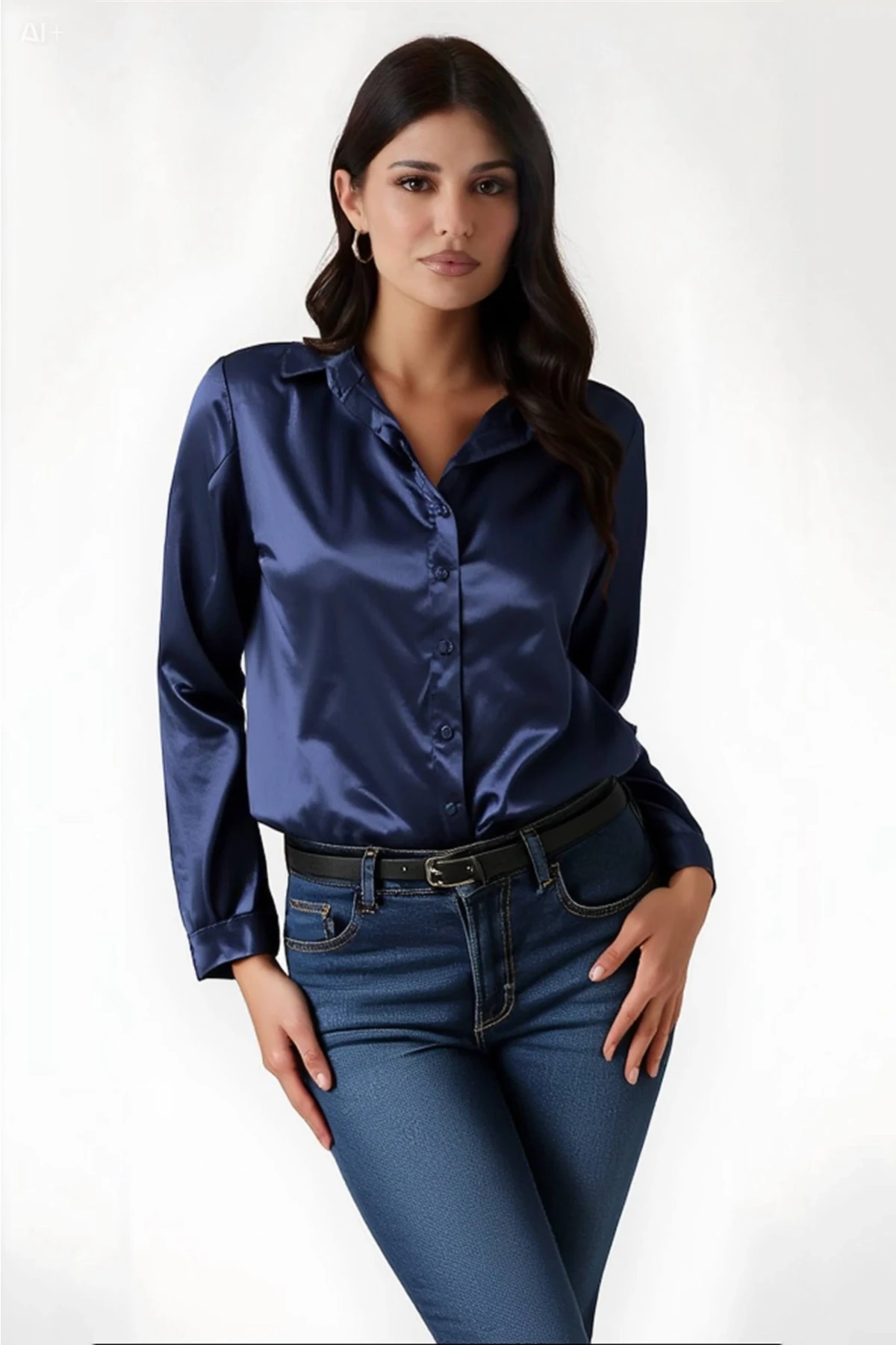 Kadın Lacivert Hafif Dökümlü Saten Yüzeyli Gömlek HZL22W-BD139641