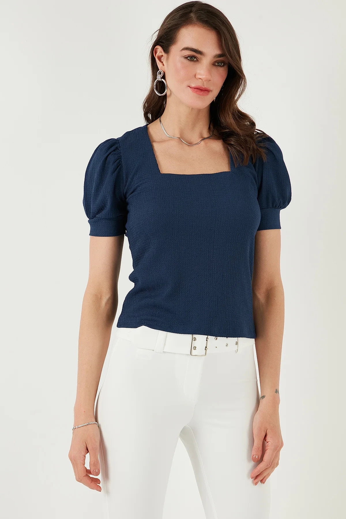 Kadın Lacivert Kare Yaka Örme Bluz HZL22W-BD104091