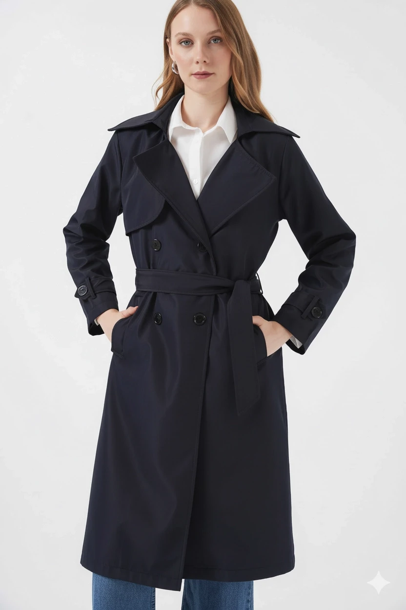 Kadın Lacivert Kruvaze Yaka Kuşaklı Astarlı Trençkot HZL25W-BD159181