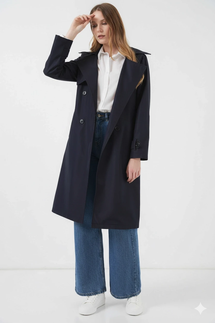 Kadın Lacivert Kruvaze Yaka Kuşaklı Astarlı Trençkot HZL25W-BD159181