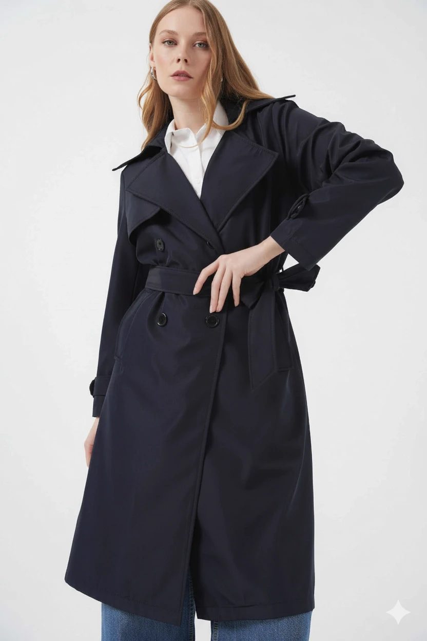 Kadın Lacivert Kruvaze Yaka Kuşaklı Astarlı Trençkot HZL25W-BD159181