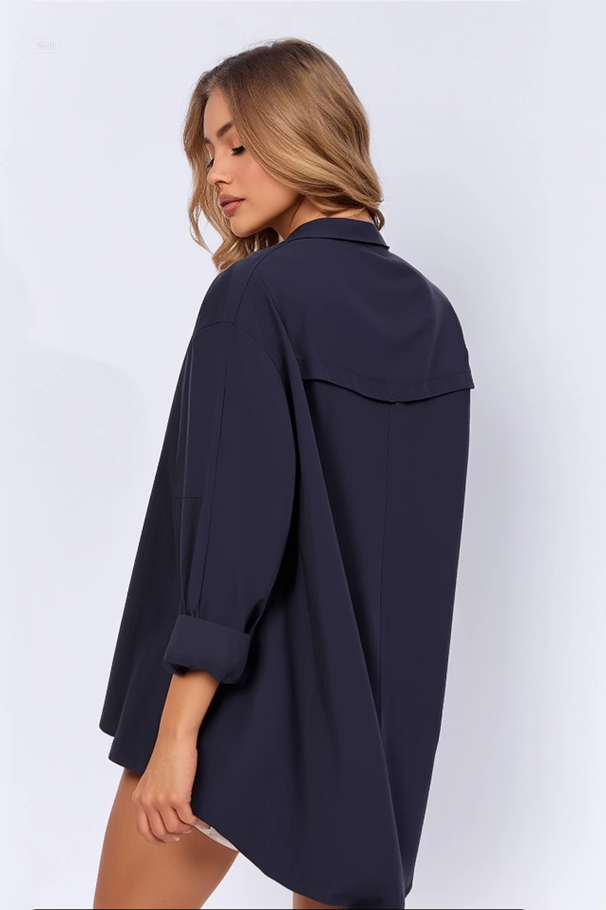 Kadın Lacivert Oversize Uzun Basic Gömlek HZL22W-BD139001