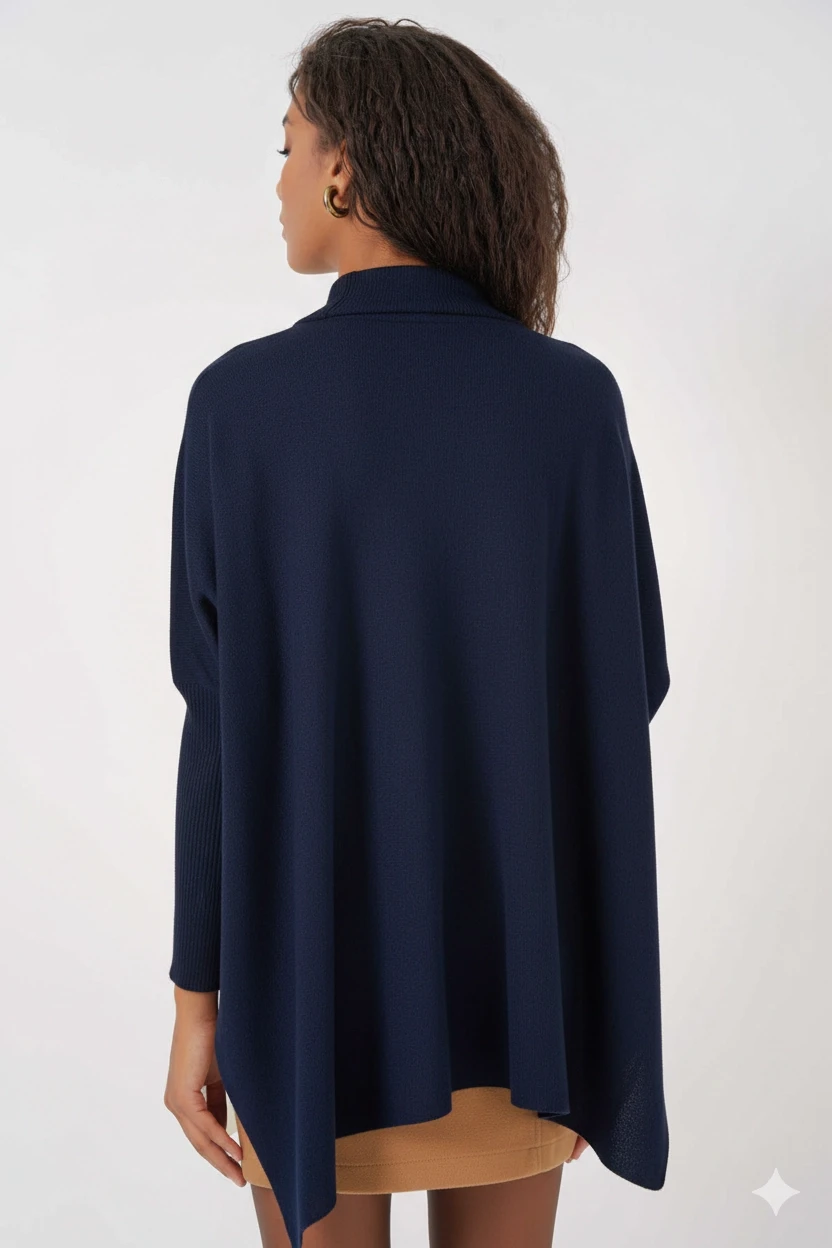 Kadın Lacivert Oversize Yırtmaçlı Panço Triko Kazak Hzl23w-bd1100761