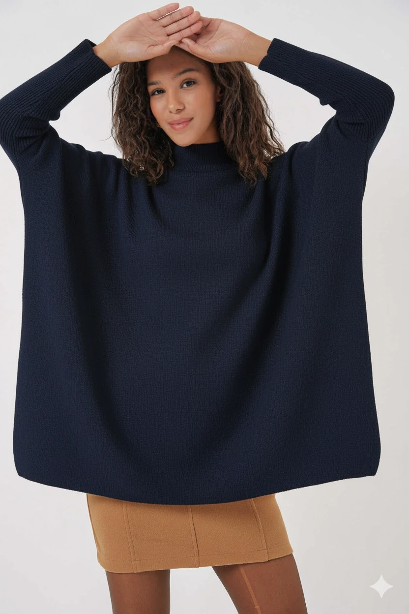 Kadın Lacivert Oversize Yırtmaçlı Panço Triko Kazak Hzl23w-bd1100761