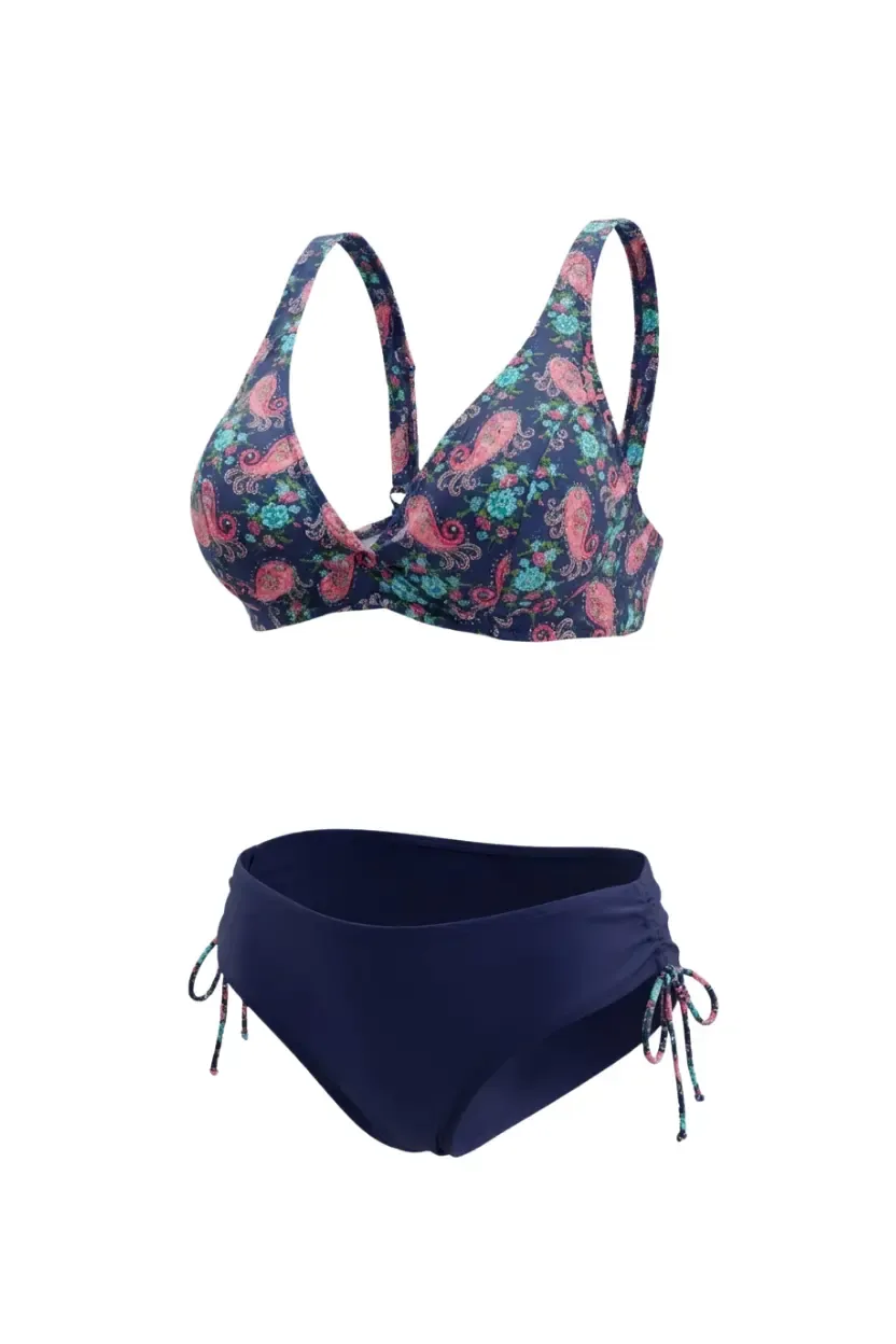 Kadın Lacivert Pembe Paisley Desenli  Astarlı Büyük Beden Bikini Takımı HZL26S-LC3341