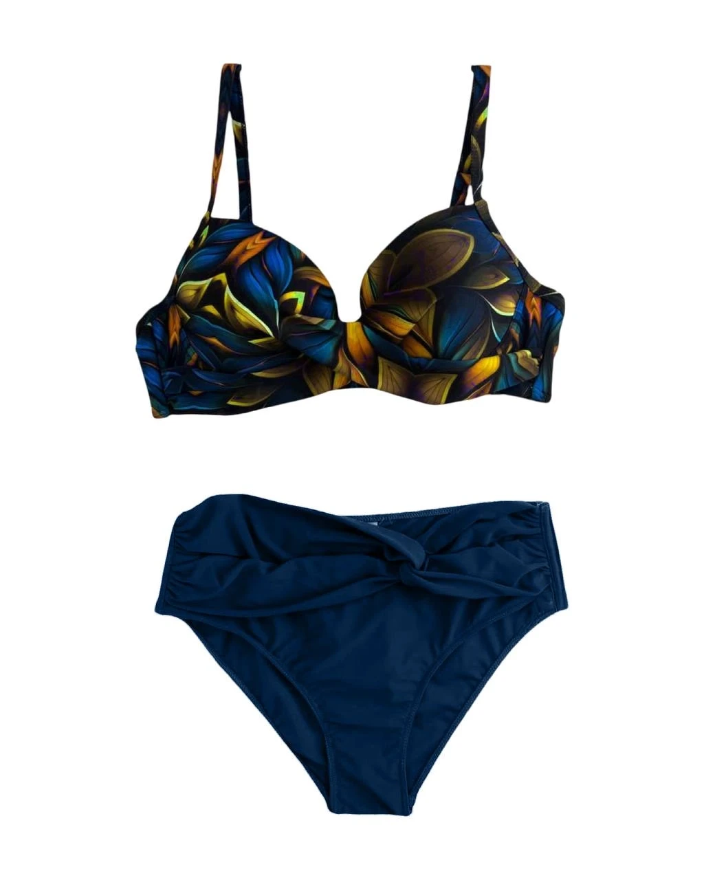Kadın Lacivert Sarı Çiçek Desenli Astarlı Büyük Beden Bikini Takımı HZL25S-LC24108