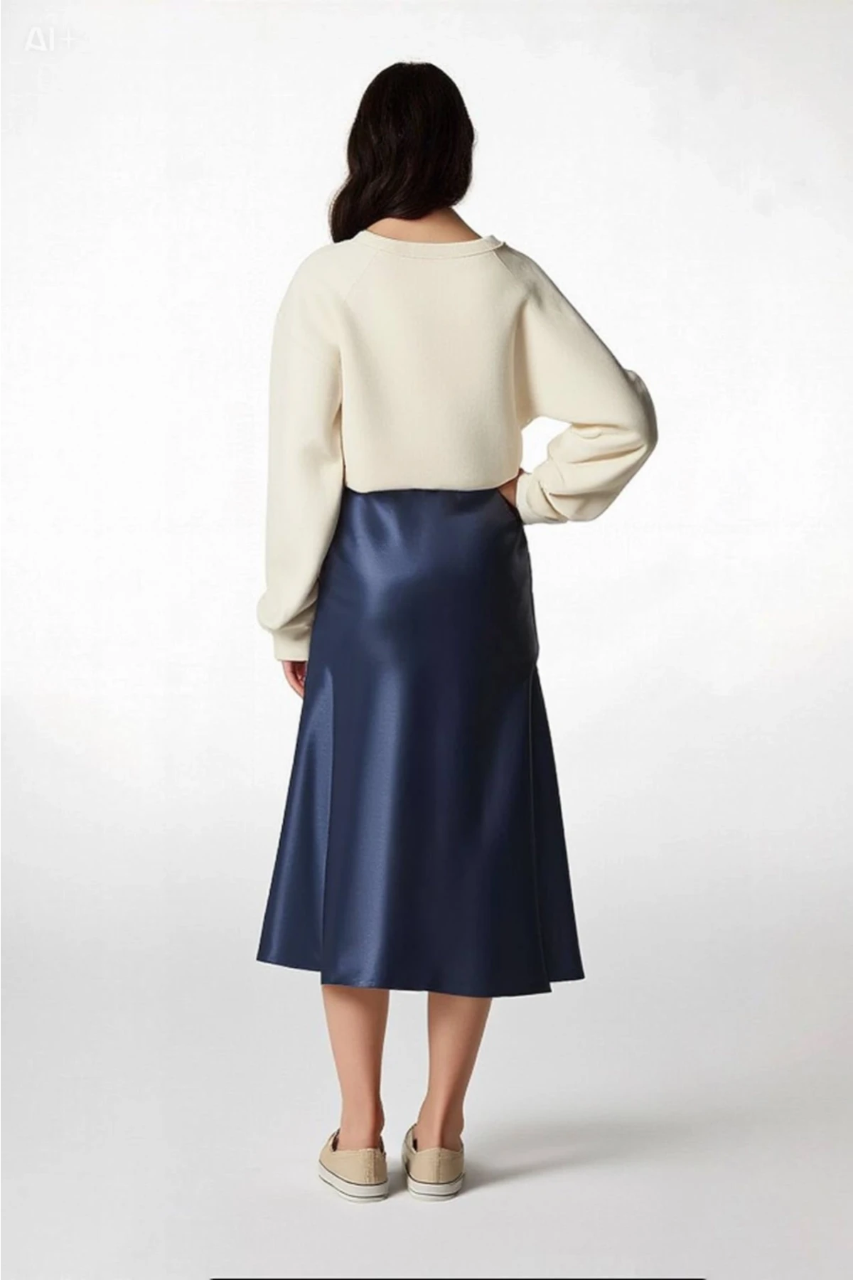 Kadın Lacivert Saten Yüzeyli Beli Lastikli Midi Boy Etek Hzl23s-bd1101471