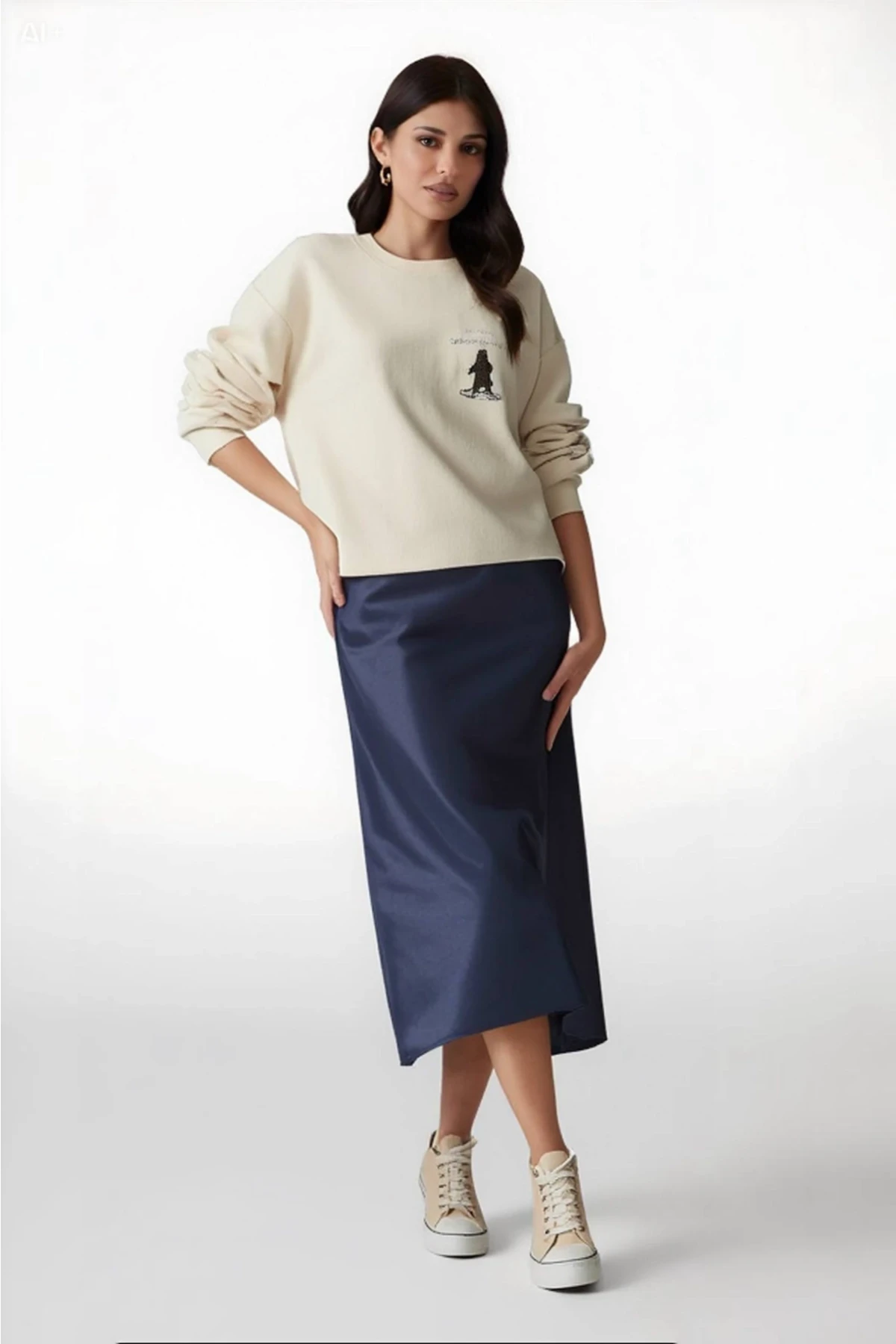 Kadın Lacivert Saten Yüzeyli Beli Lastikli Midi Boy Etek Hzl23s-bd1101471