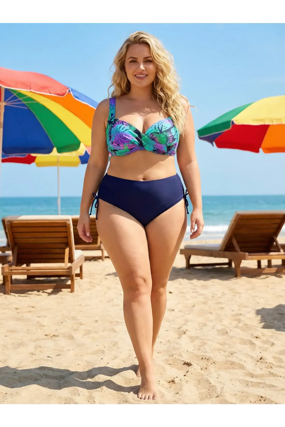 Kadın Lacivert Turkuaz Desenli Astarlı Büyük Beden Bikini Takımı HZL25S-LC3832