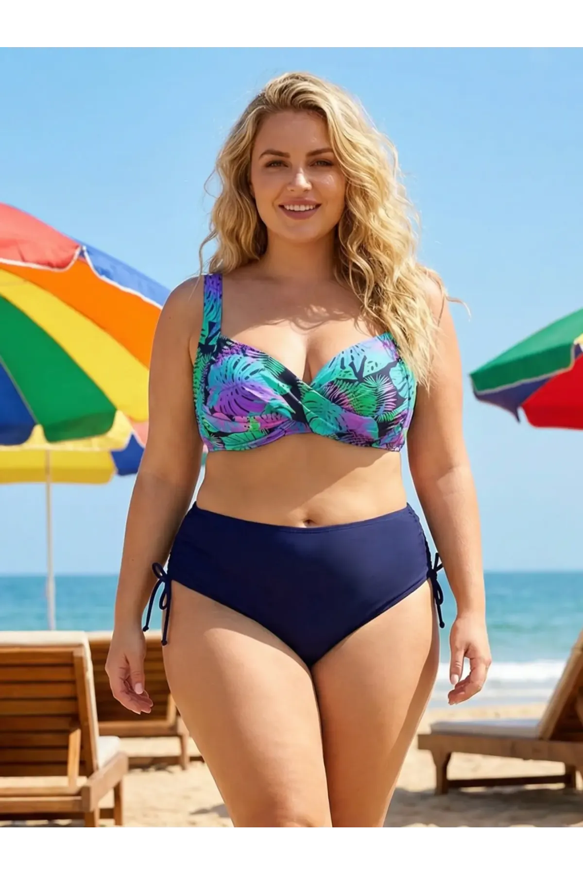 Kadın Lacivert Turkuaz Desenli Astarlı Büyük Beden Bikini Takımı HZL25S-LC3832