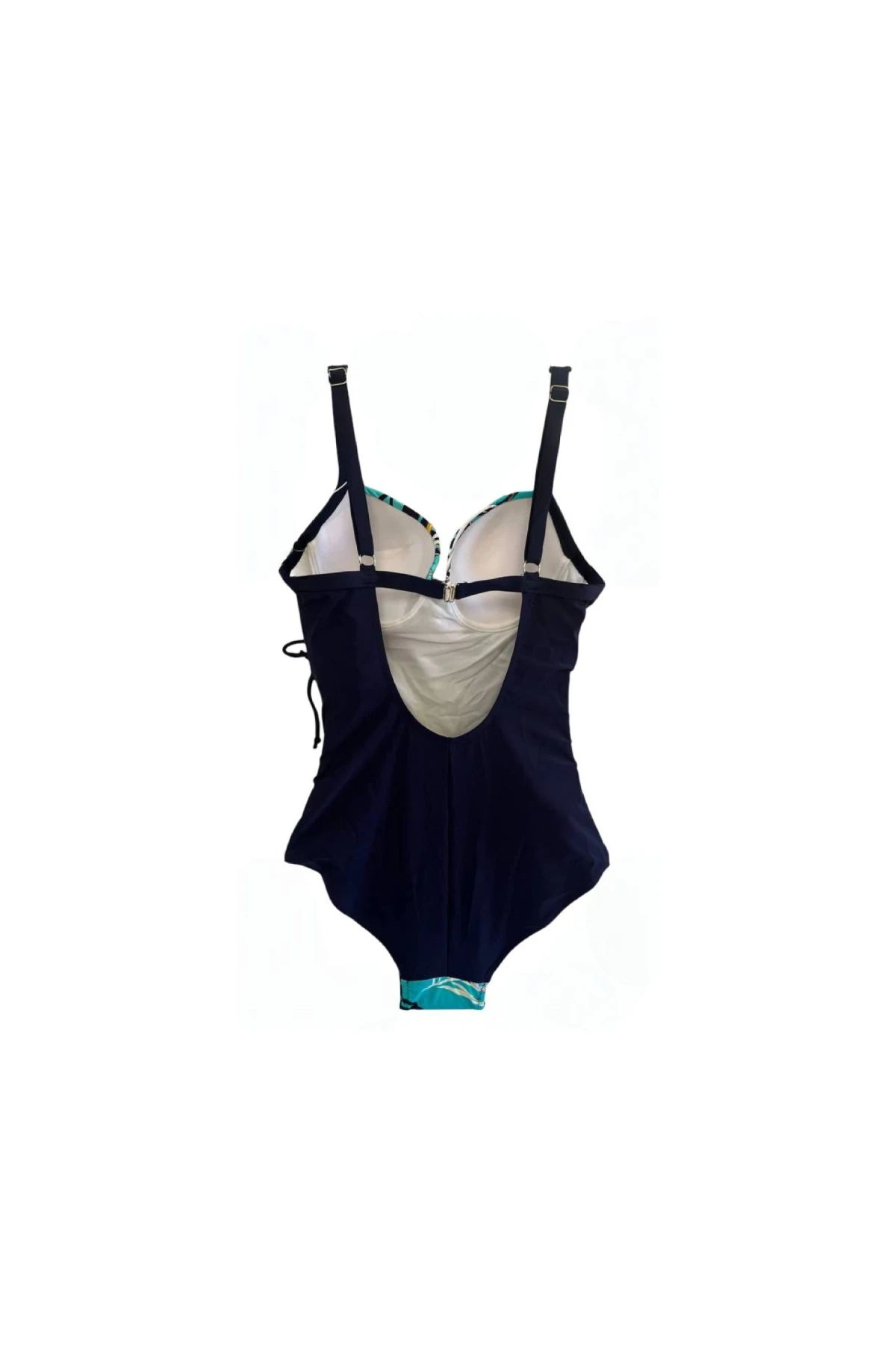 Kadın Lacivert Turkuaz Sarı Tüy Desen Yandan Drapeli Mayo HZL25S-LC6243