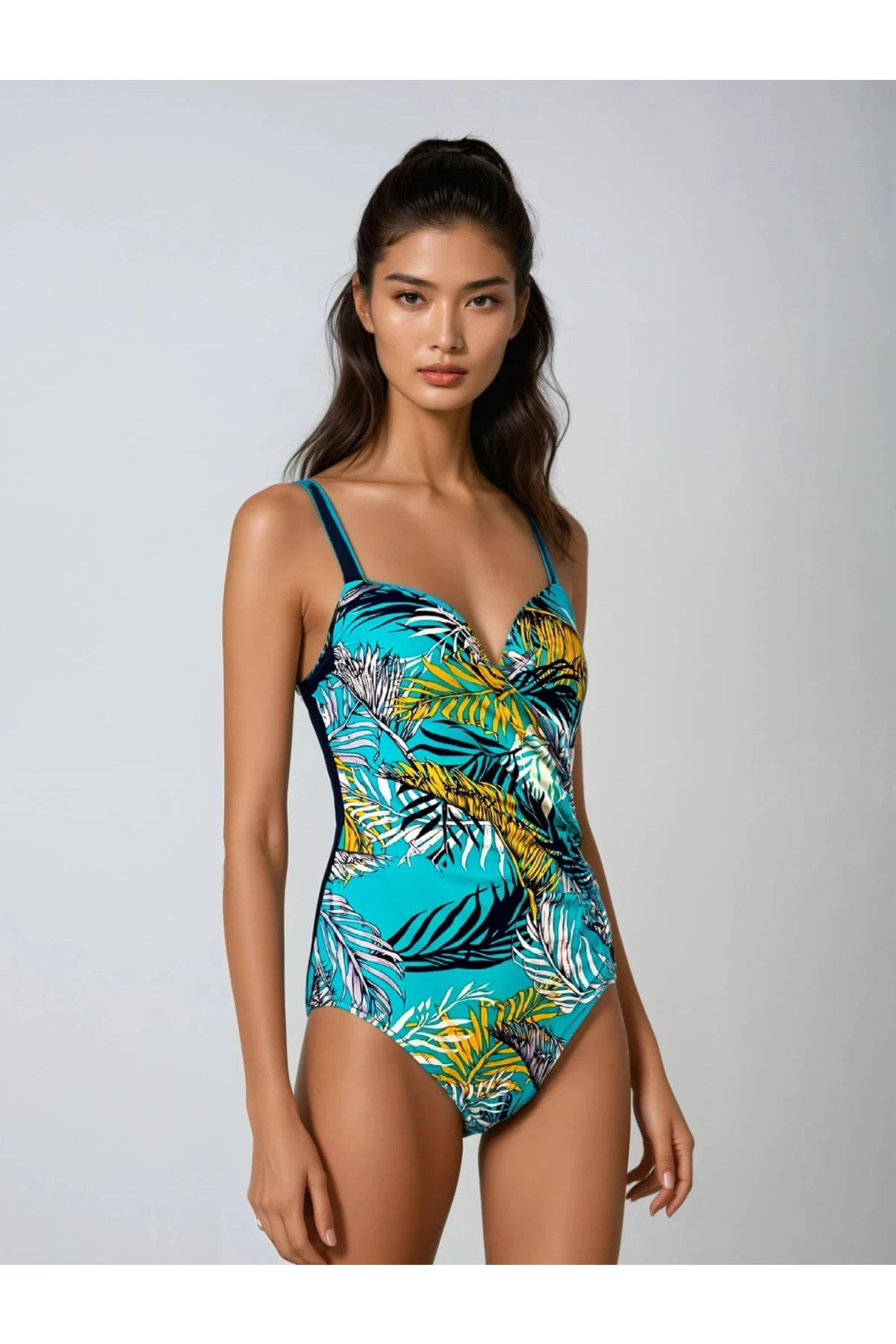 Kadın Lacivert Turkuaz Sarı Tüy Desen Yandan Drapeli Mayo HZL25S-LC6243