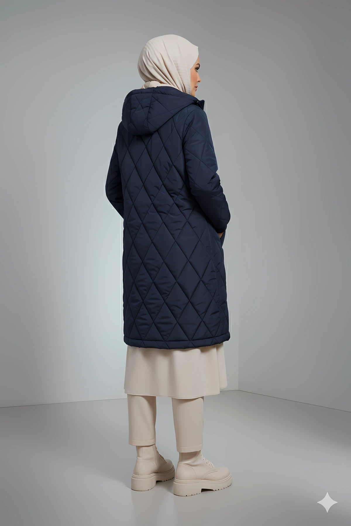 Kadın Lacivert Uzun Kapitone Astarlı Şişme Tesettür Mont HZL25W-BD151381